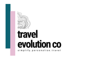 Logo for Travel Evolution Co: Teal, pink, and black graphic elements with text: