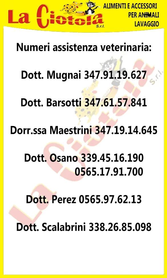 Locandina gialla con l’elenco dei numeri di telefono per l’assistenza veterinaria e il logo “La Ciotola”.