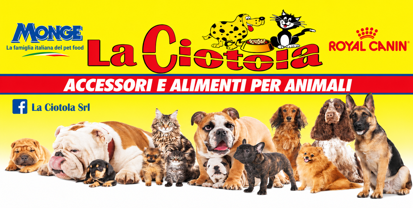 Banner promozionale per alimenti e accessori per animali, con diversi cani e gatti su uno sfondo giallo acceso.