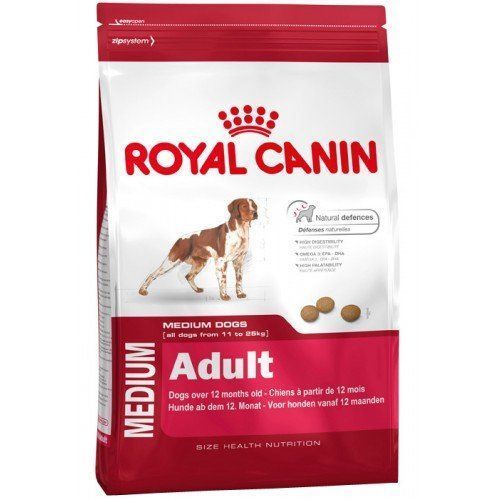 Sacchetto di cibo per cani Royal Canin Medium Adult, confezione rossa e bianca con l’illustrazione di un cane