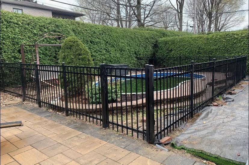 Clôture en aluminium noir bordant une haie de cèdres près d'une piscine