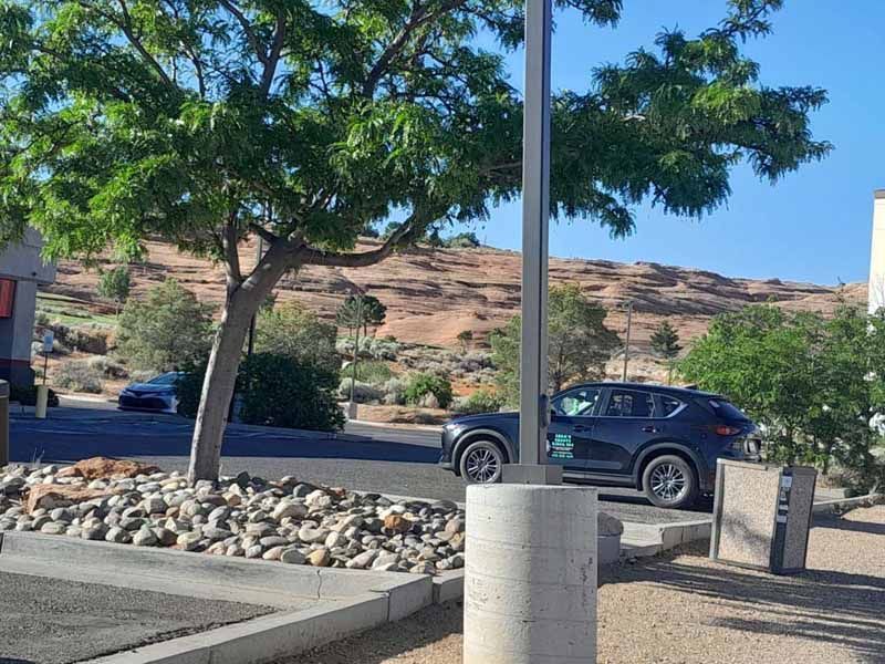 Dark SUV parked near a tree and a light pole in a parking lot with a desert landscape in the background.