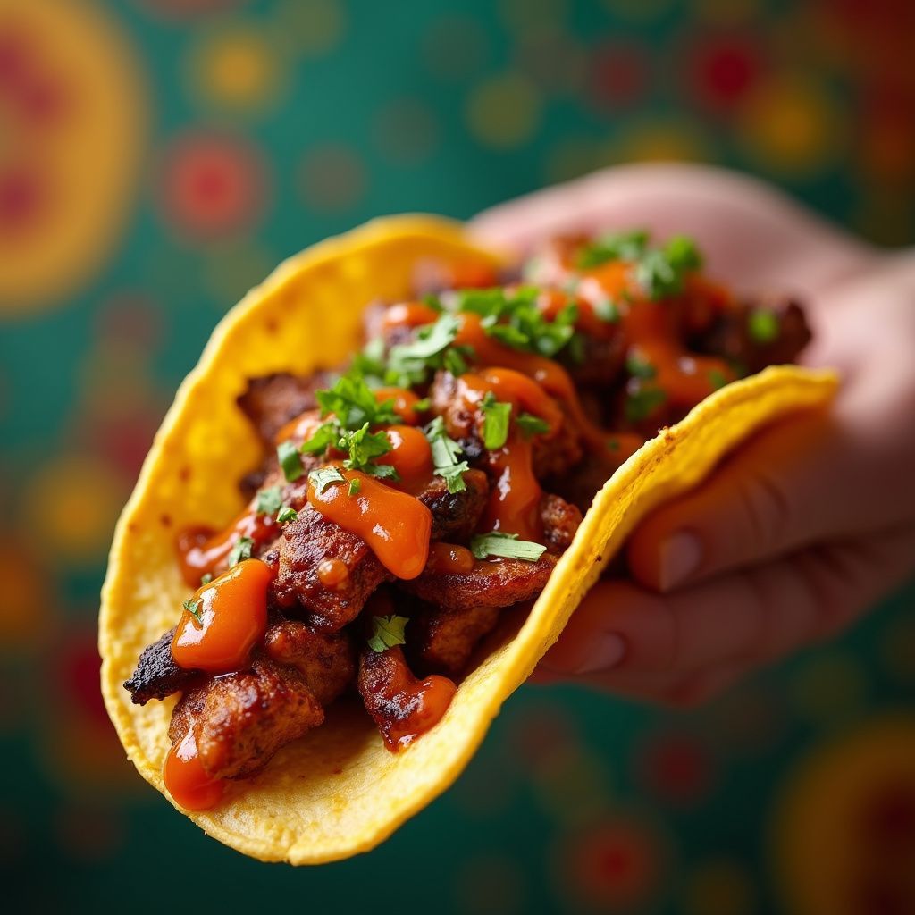 Taco held in hand, filled with meat and sauce, garnished with herbs; set against a patterned background.