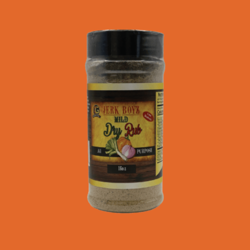 Jar of Jerk Boyz Jerk Sauce on orange background with label featuring vegetables.