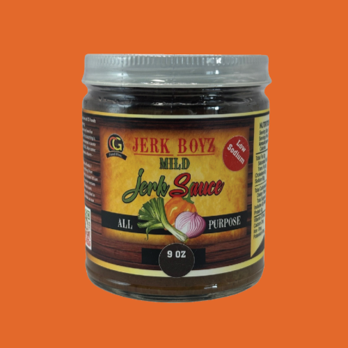 Jar of Jerk Boyz Jerk Sauce on orange background with label featuring vegetables.