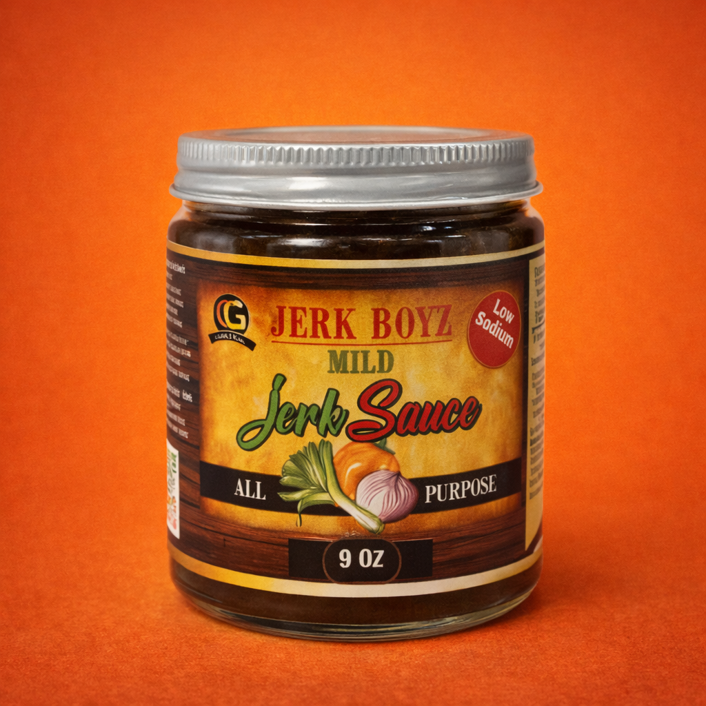 Jar of Jerk Boyz Mild Jerk Sauce. Brown, yellow label, low sodium. 9 oz jar.