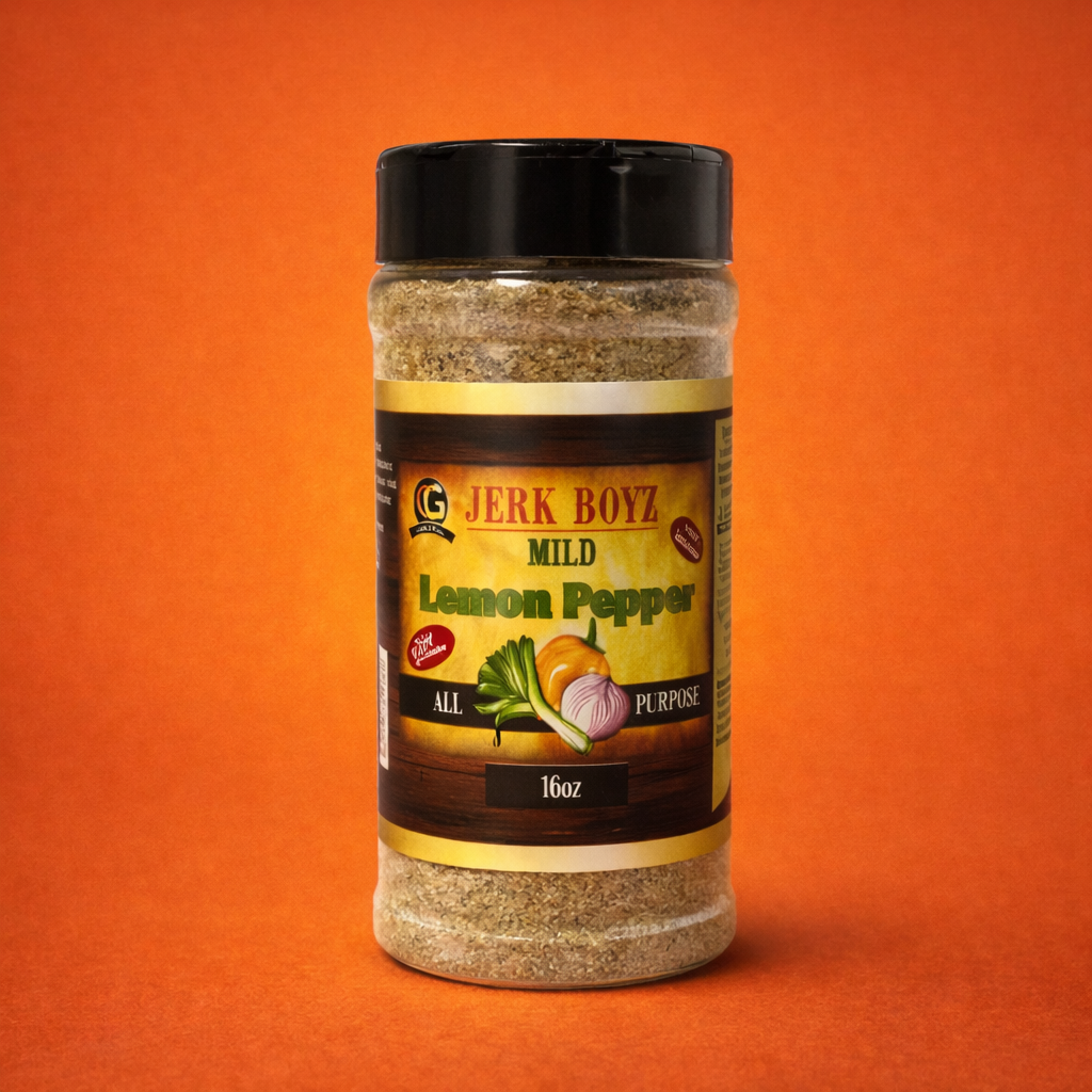 Jar of Jerk Boyz Mild Lemon Pepper seasoning on orange background.
