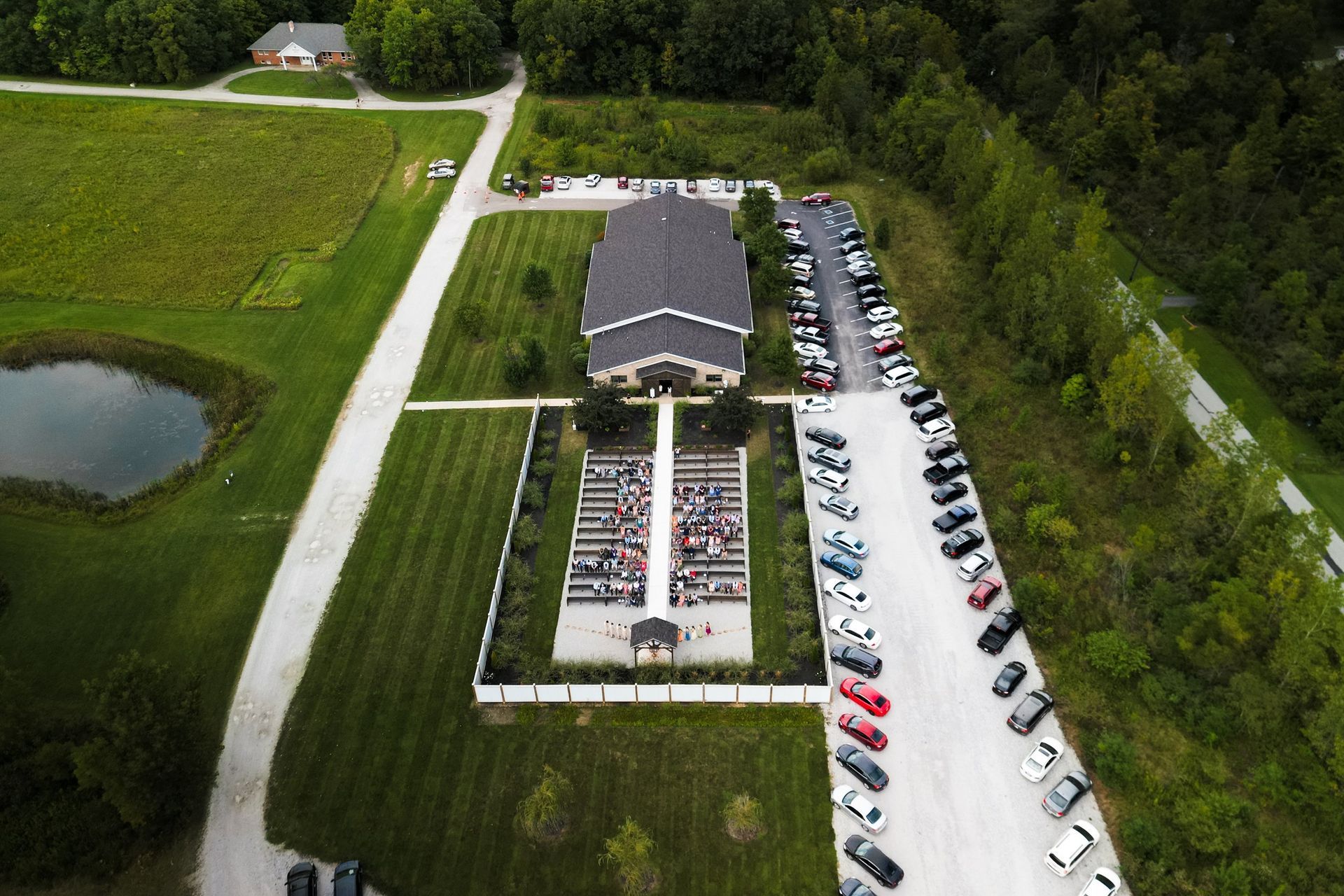 Aerial view of a wedding venue in Marion Indiana offering indoor and outdoor spaces, with on-site parking.