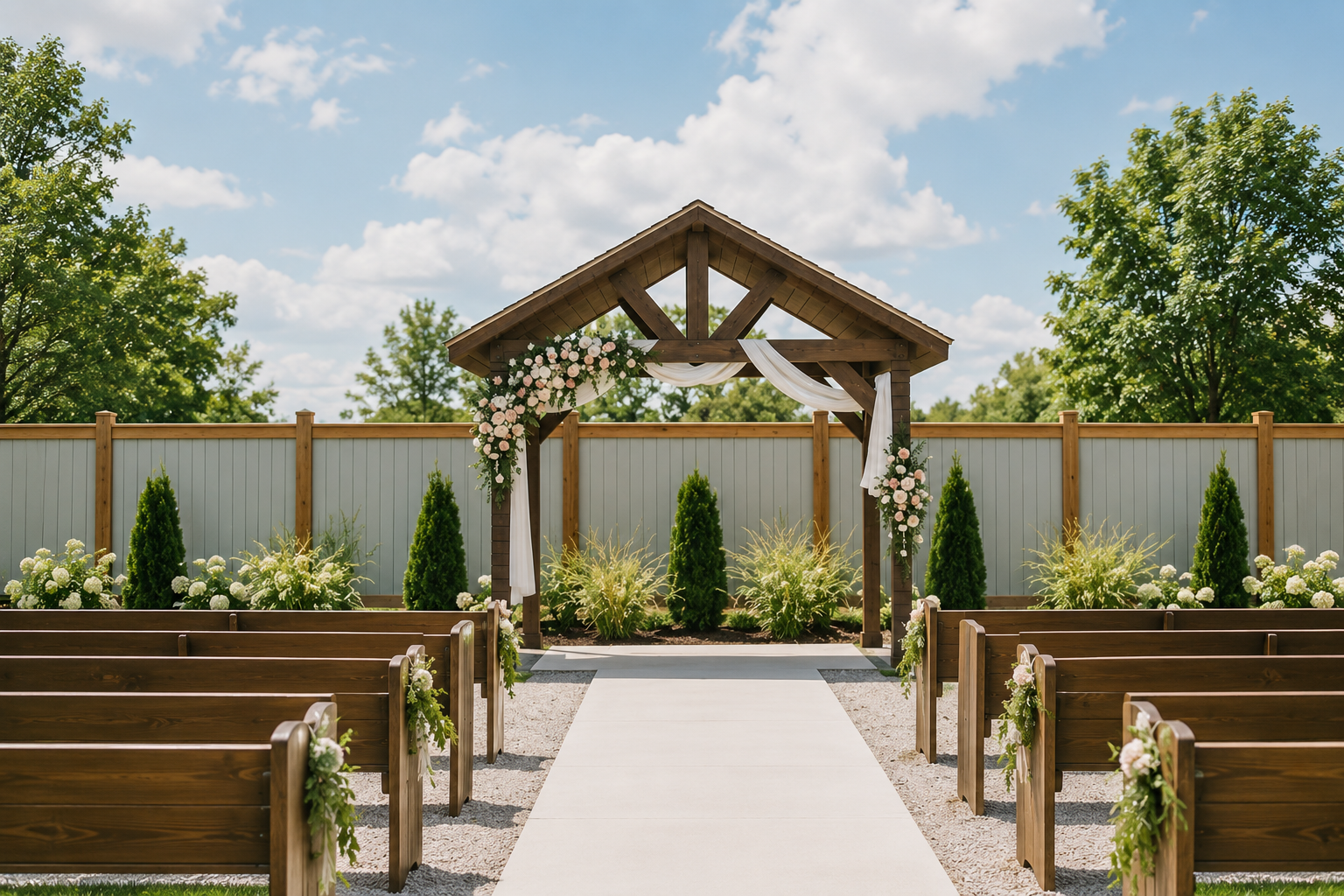 Outdoor wedding altar with white aisle, wooden benches, and flowered arch under a bright sky
