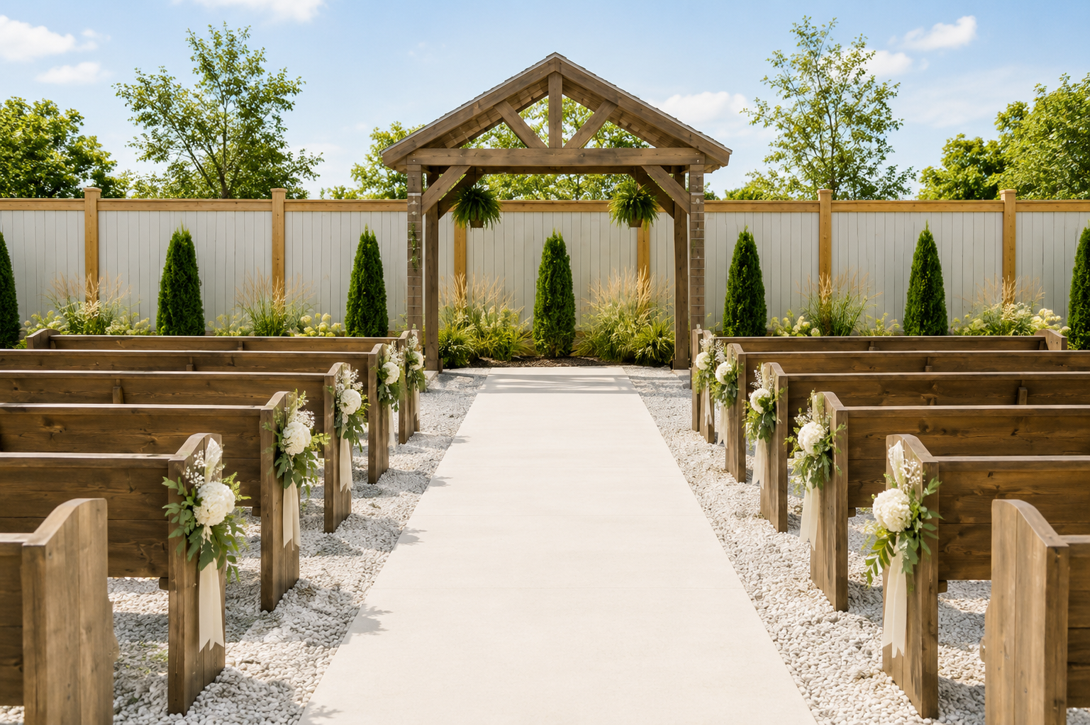 Outdoor wedding aisle with wooden benches, white flowers, and a rustic arbor at the altar