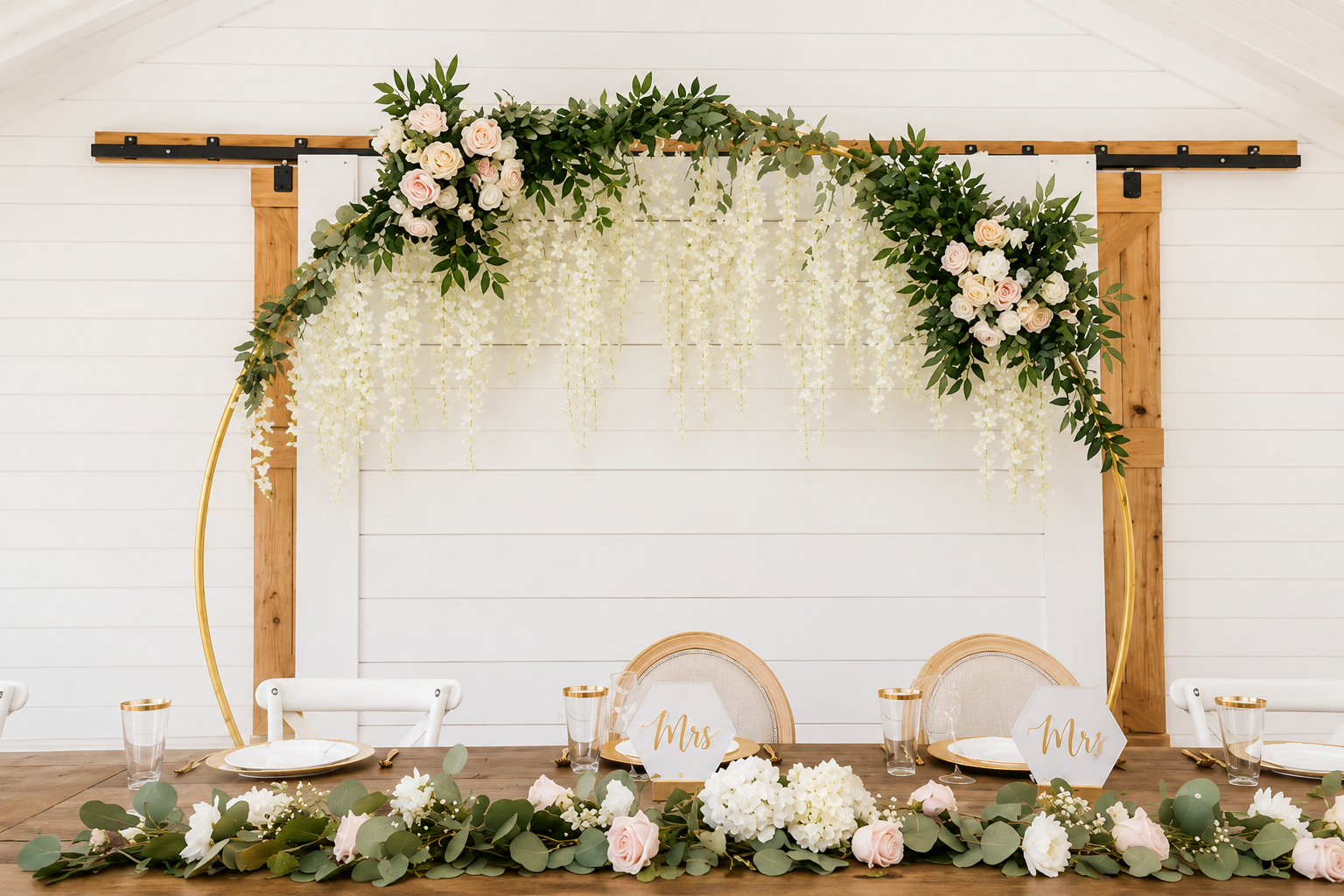 Floral wedding arch with white drapery and greenery, accented by blush flowers and candles.