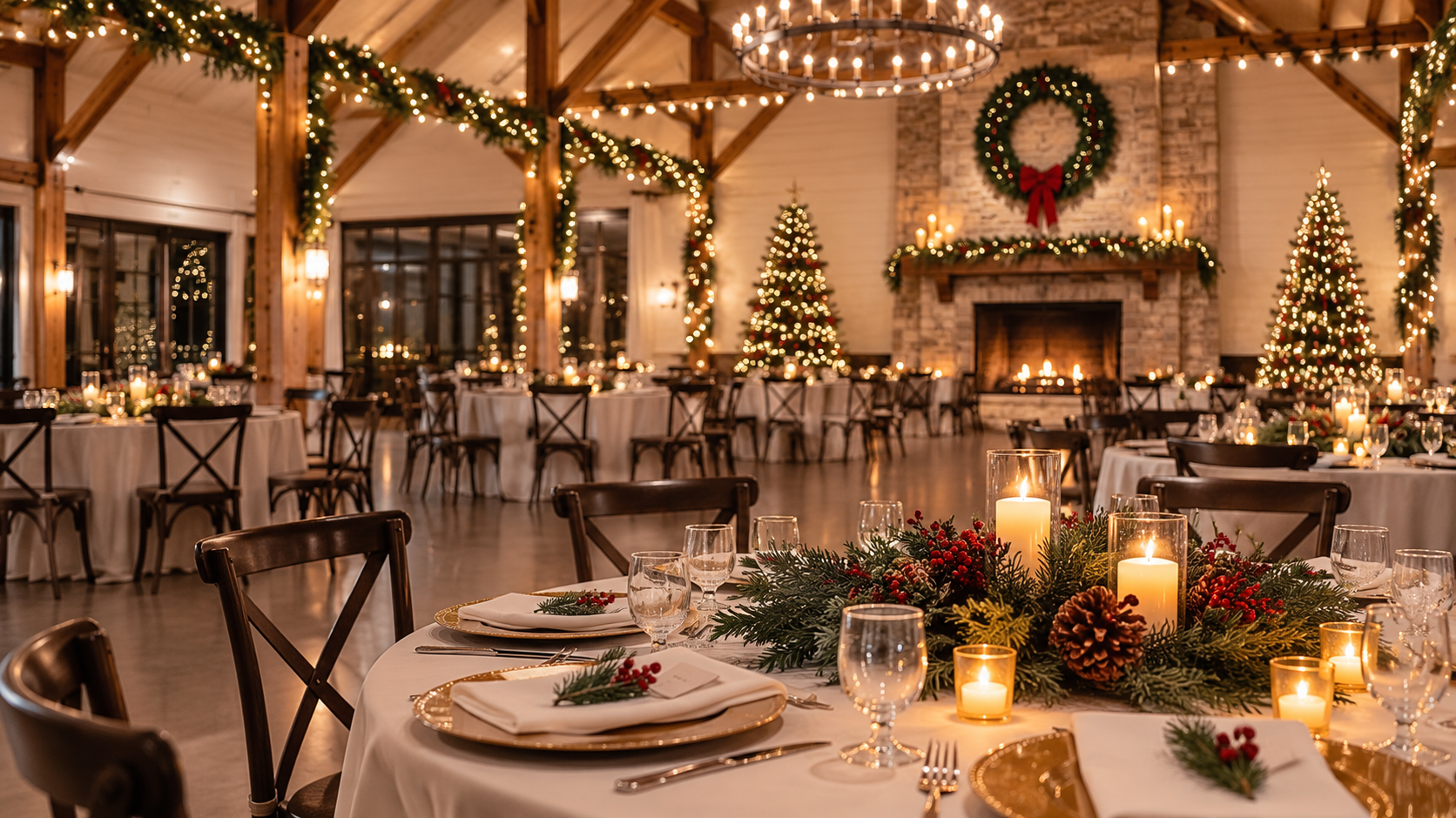Elegant holiday banquet hall with candlelit tables, Christmas trees, garlands, and a fireplace wreath