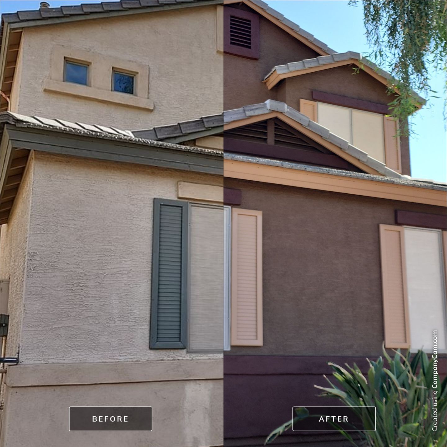 Split image of a house before and after painting. Left side: tan, right side: brown. Shutters and trim also changed.