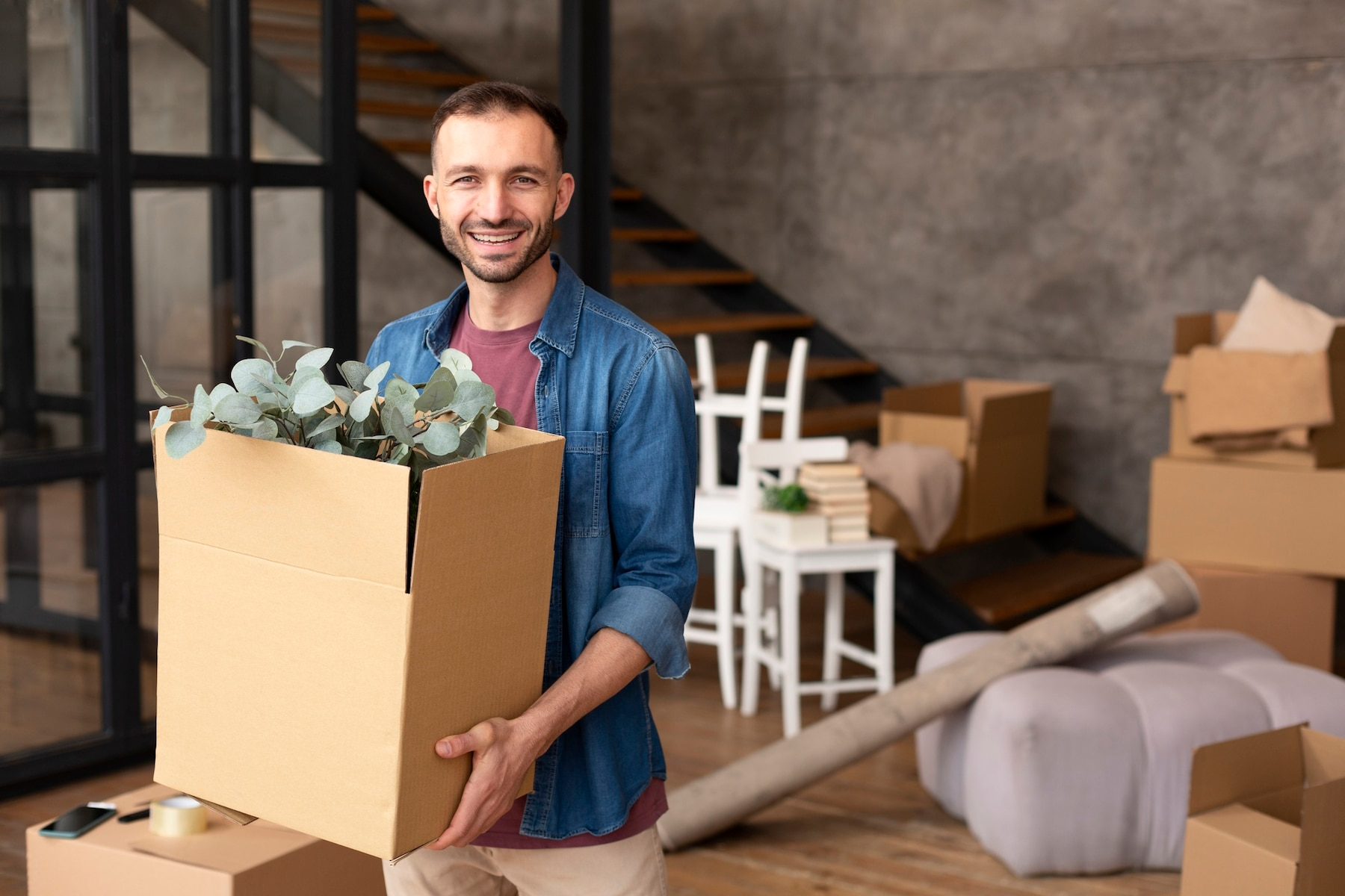 A man is holding a cardboard box with flowers in it.