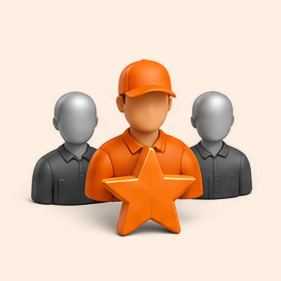 Orange worker avatar with star in front of two gray avatars on a light background