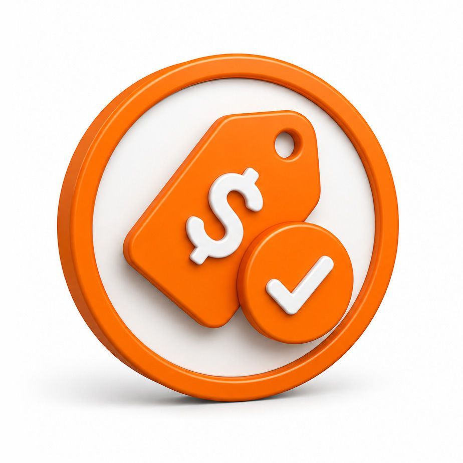Orange price tag icon with dollar sign and check mark inside a circle