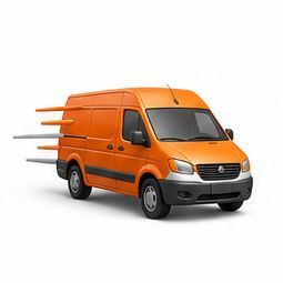 Orange cargo van with spikes protruding from its side, isolated on a white background