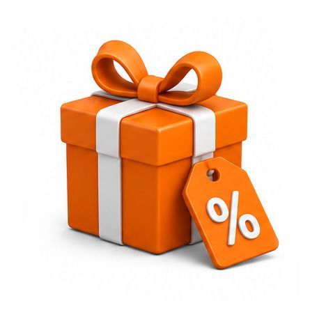 Orange gift box with white ribbon and a discount tag showing a percent sign