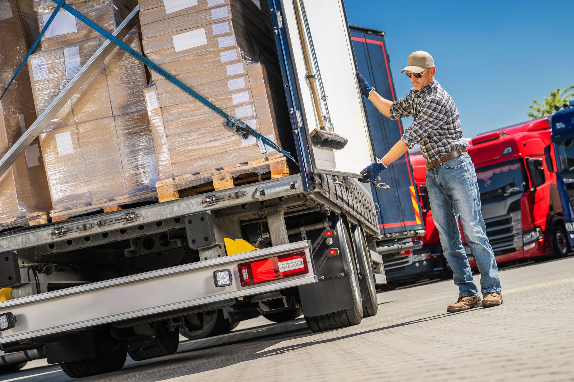Worker unloading pallets from a truck beside a red cargo vehicle on a sunny street
