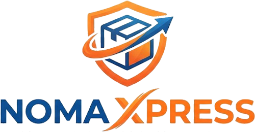 NomaXpress logistics logo with orange-blue shield and box icon, tagline “Comprehensive Logistics. Delivered.”