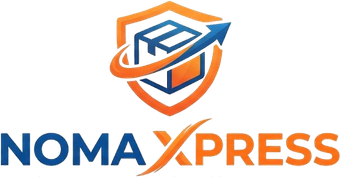 NomaXpress logistics logo with orange-blue shield and box icon, tagline “Comprehensive Logistics. Delivered.”