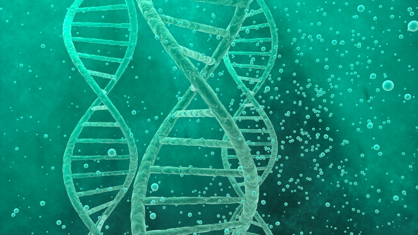 Stylized DNA double helix in teal, floating on a scientific digital background