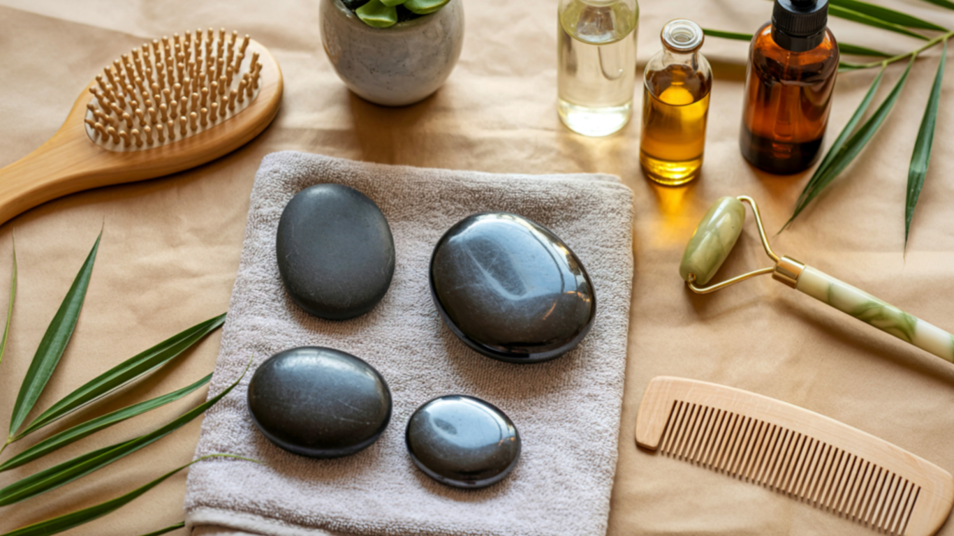 Spa setup with hot stones, combs, oils, and palm leaves on a beige surface
