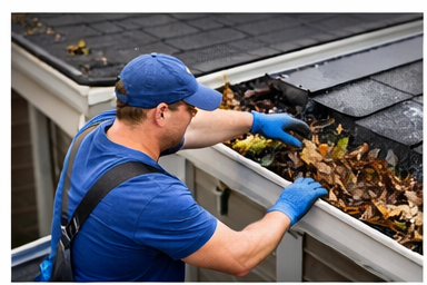 A man in a blue hat cleaning out a dirty gutter filled with dirt and leaves