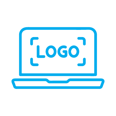 Blue outline of a laptop with the word “LOGO” on the screen