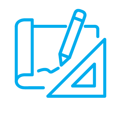 Blue outline icon of a pencil, ruler, and drafting tools over a blueprint sheet