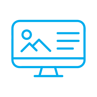 Blue line icon of a computer monitor displaying a photo and text lines