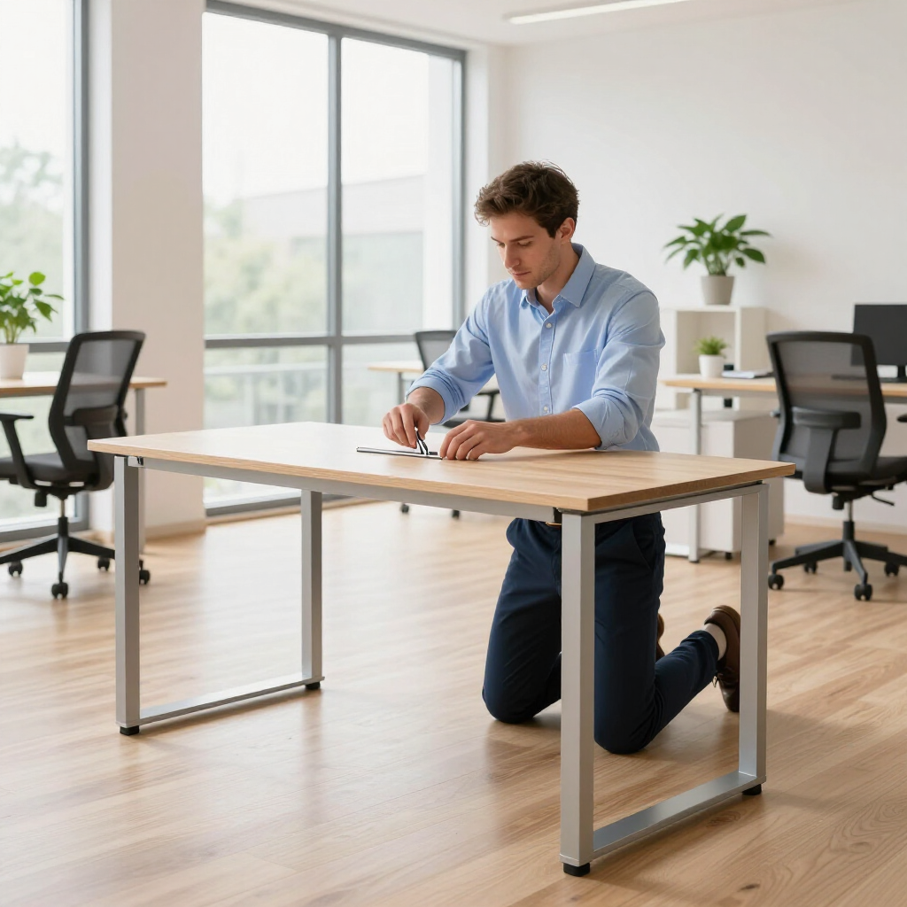 Man kneeling beside a desk, assembling furniture in a bright office with chairs and large windows