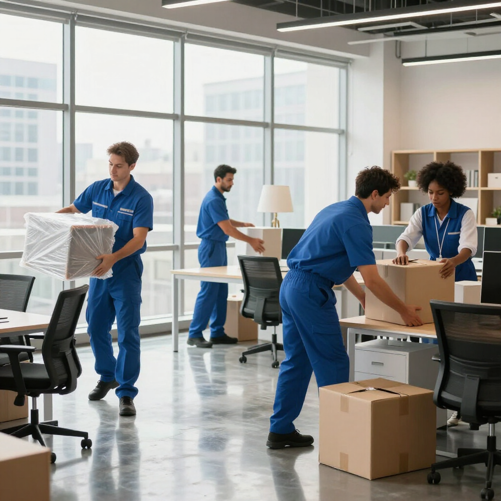 Movers in blue uniforms carrying boxes in a bright office