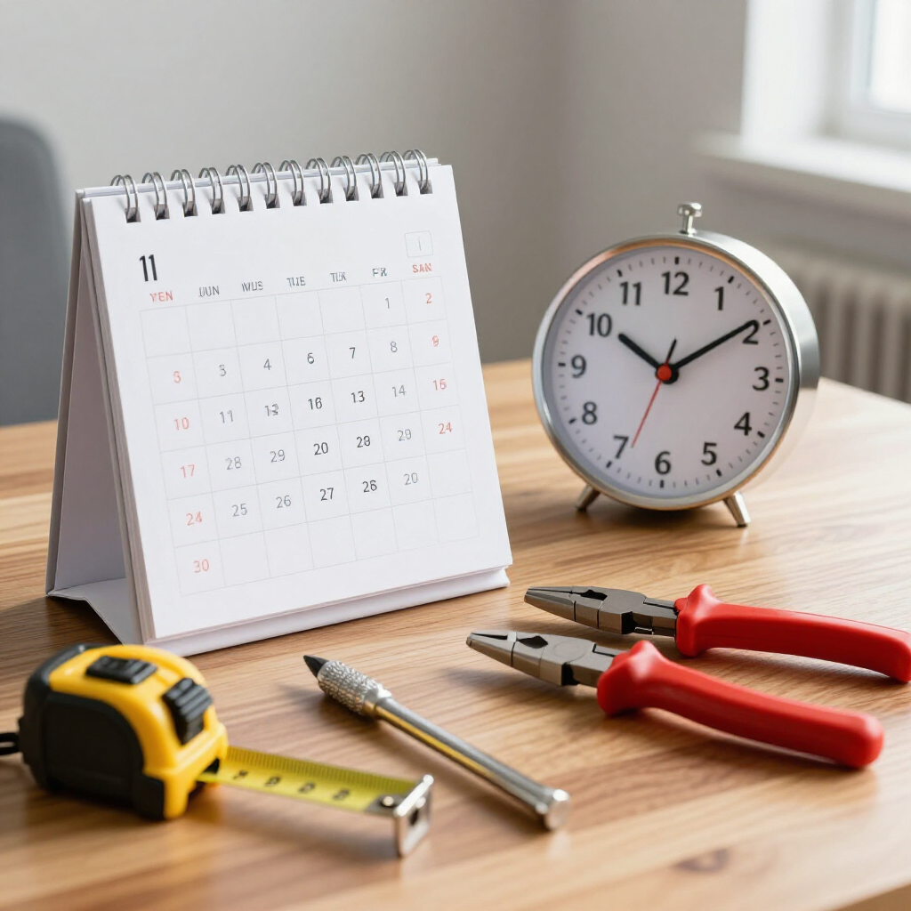 Desk calendar, alarm clock, and tools on a wooden table, suggesting a home repair schedule.