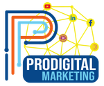 The logo for prodigital marketing shows a letter p surrounded by social media icons.