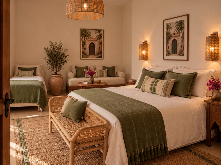 Cozy cream bedroom with green accents, woven bench, and open doors to a sunny flower-filled patio