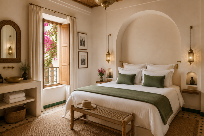 Cozy beige bedroom with arched alcove, white bedding, green throw, and sunlight through an open window