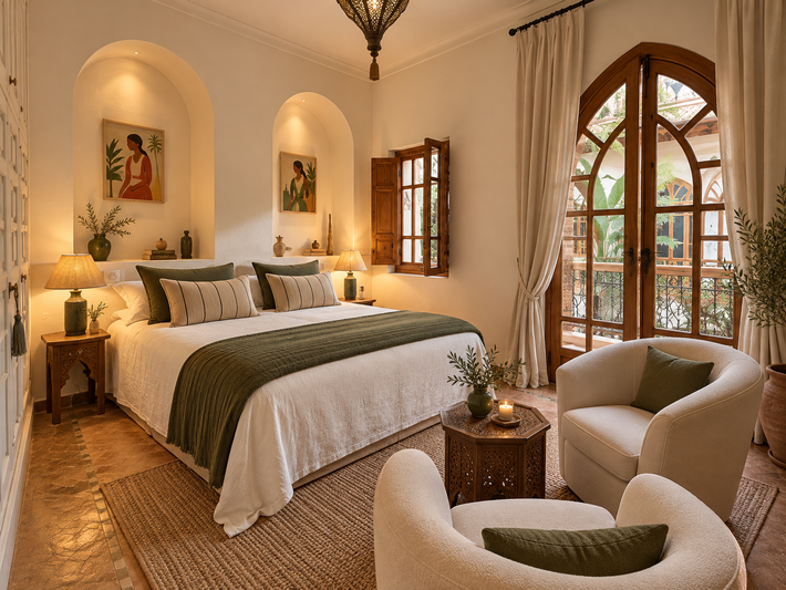 Cozy beige bedroom with arched alcove, white bedding, green throw, and sunlight through an open window
