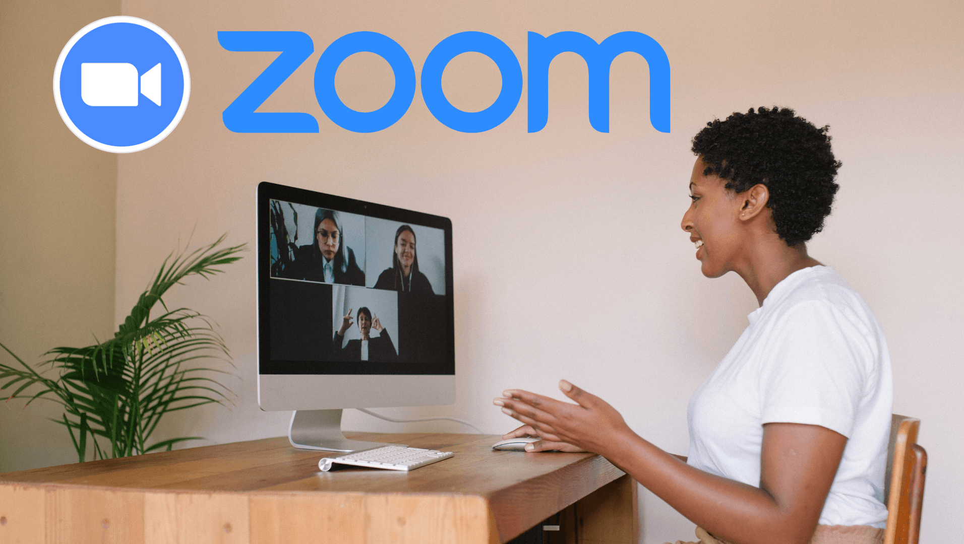 Uma mulher está sentada em uma mesa conversando com um grupo de pessoas em uma chamada de zoom.