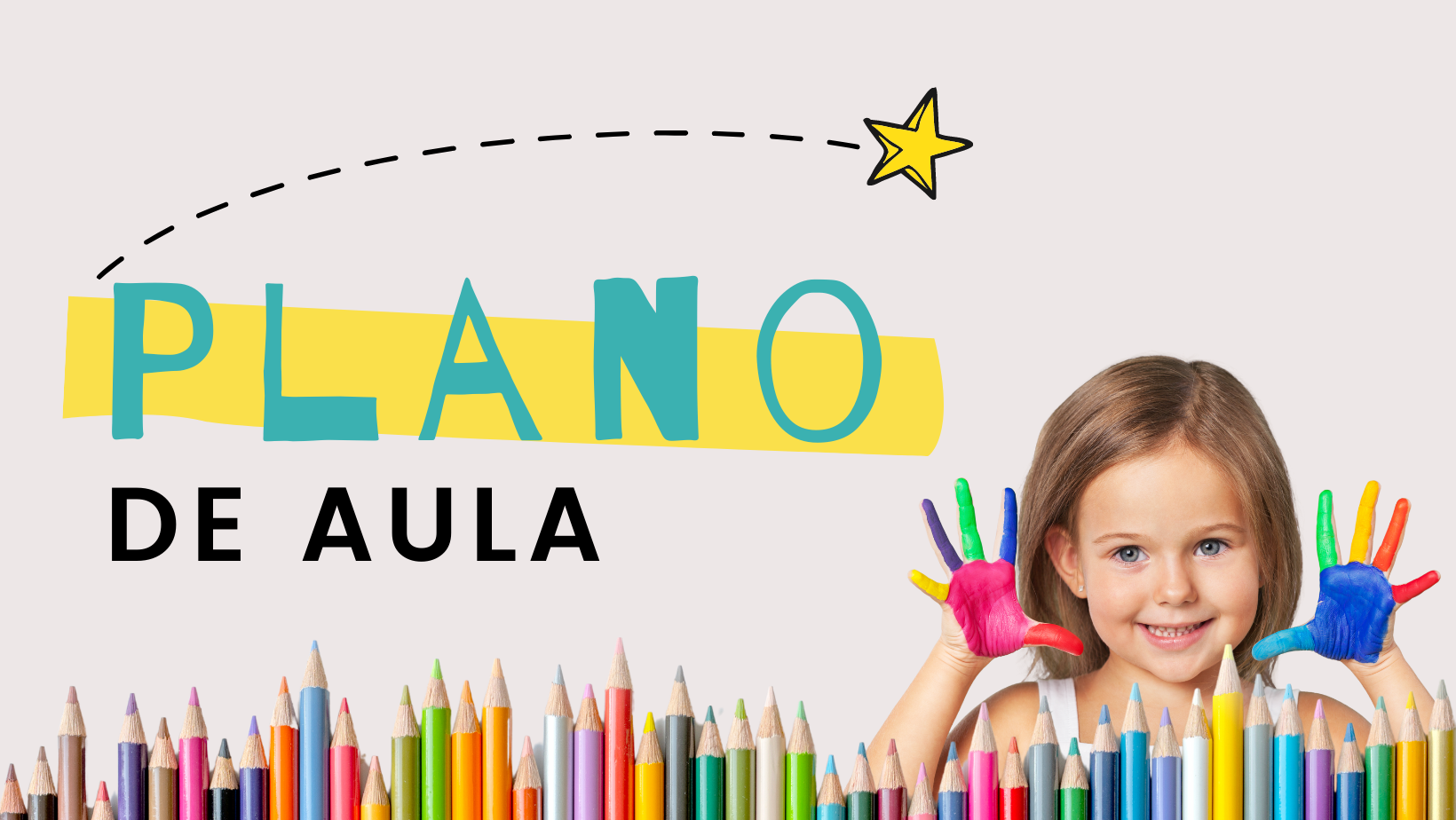 Uma menina com as mãos pintadas está diante de uma fileira de lápis de cor.