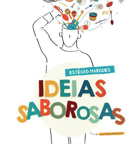 Um desenho de um homem com comida saindo da cabeça