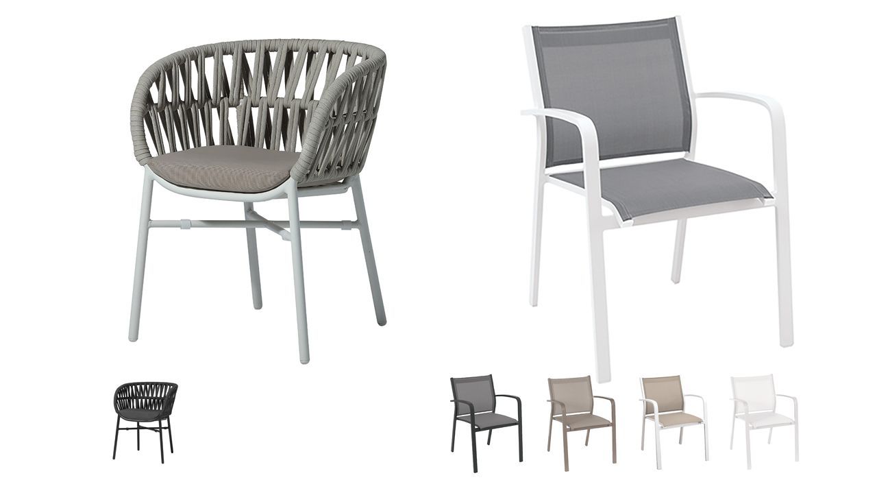 Gescova Carento and Fabio outdoor dining chairs suitable for dining outside in a garden or on an apartment terrace.
