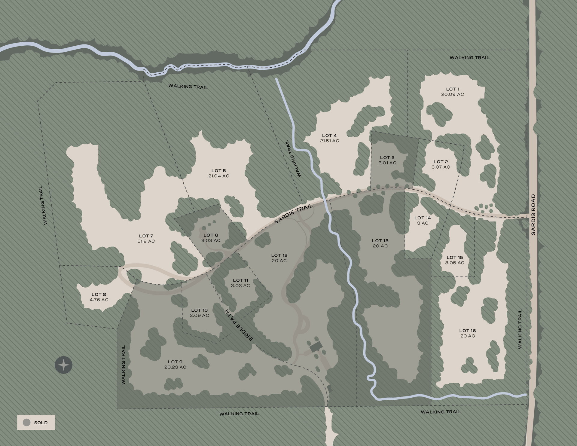 Sardis sitemap showing the walking trails and lots
