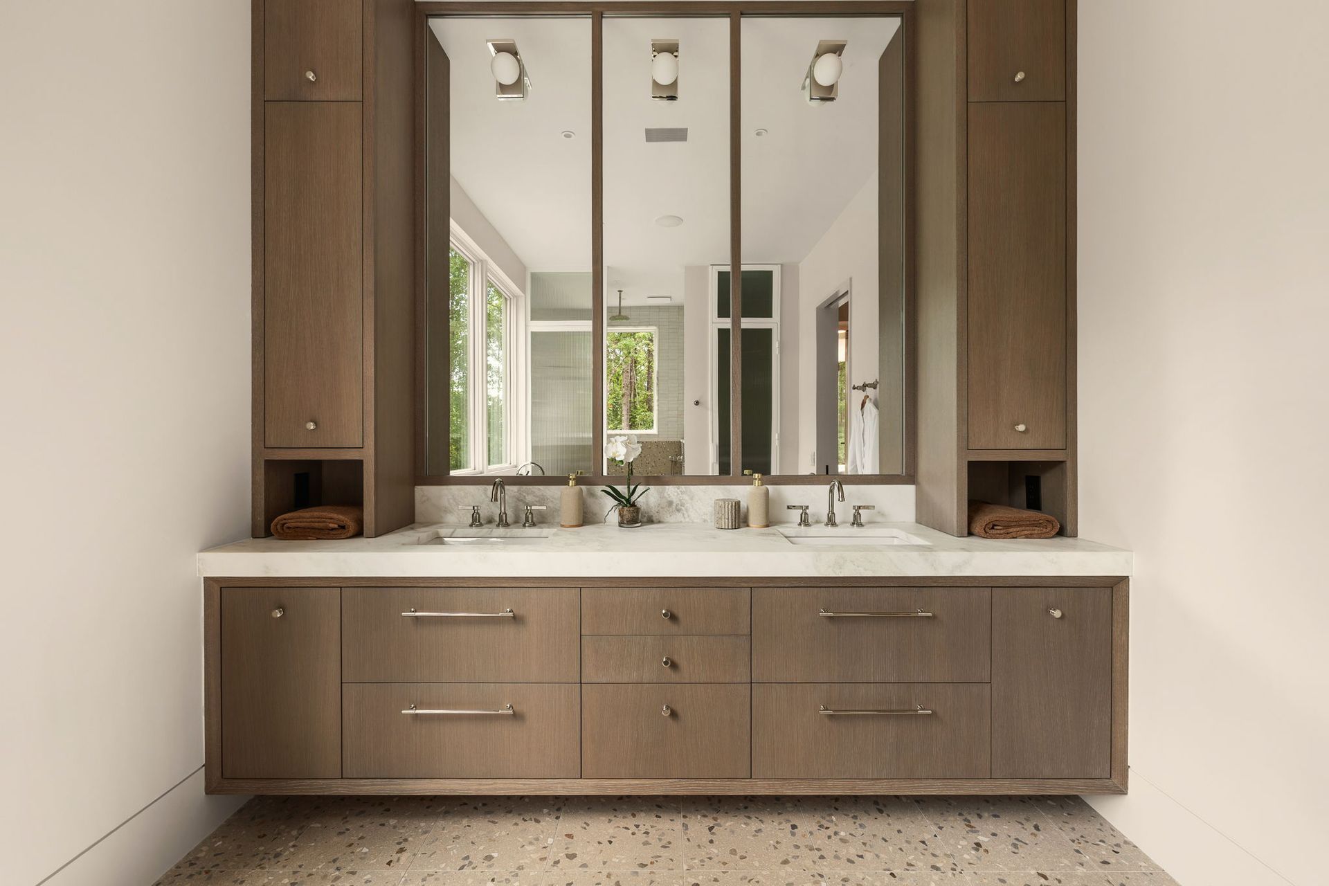 Double vanity bathroom with terrazzo floor