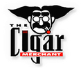 Logo of The Cigar Merchant with a stylized black face and red cigar