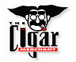 Logo of The Cigar Merchant with a stylized black face and red cigar