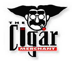 Logo of The Cigar Merchant with a stylized black face and red cigar