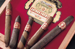 Assorted cigars arranged in front of a red and gold cigar box label