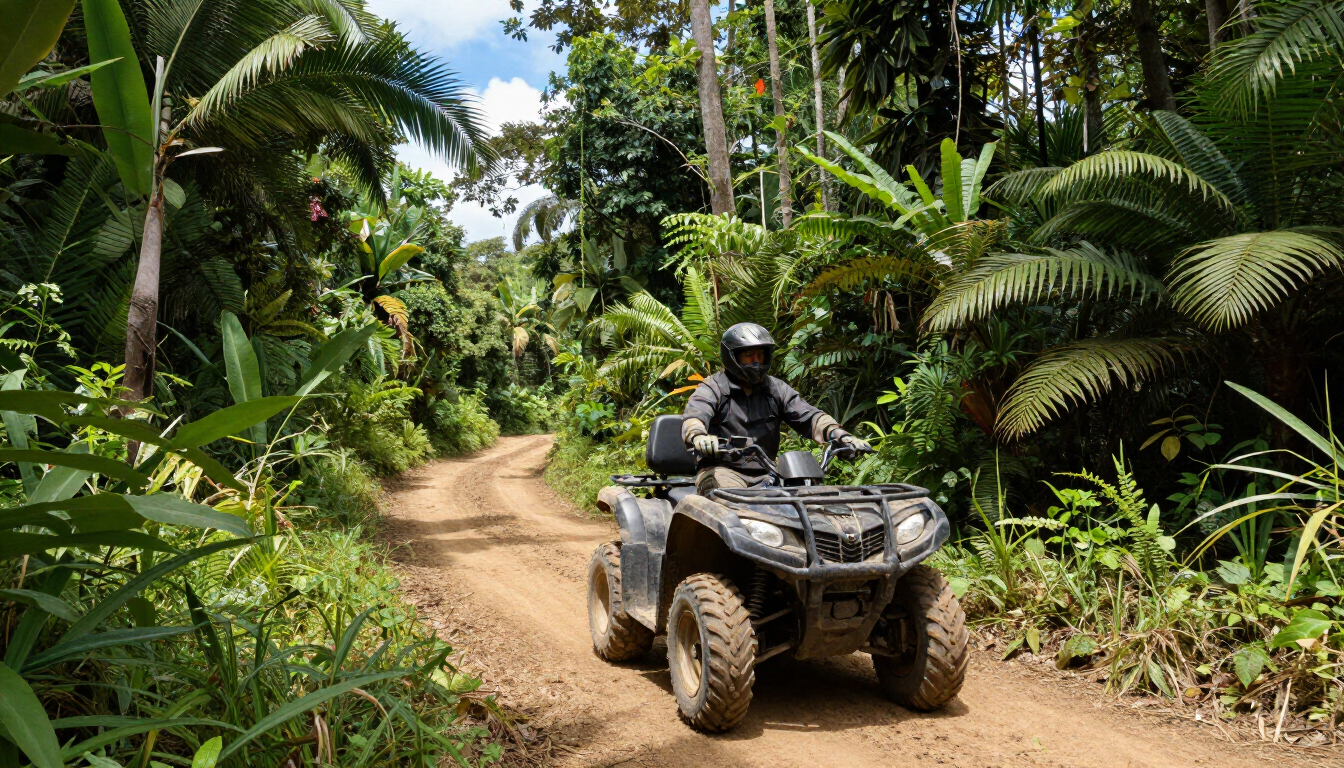 Sunlit tropical rainforest with dense green trees and misty light filtering through the canopy