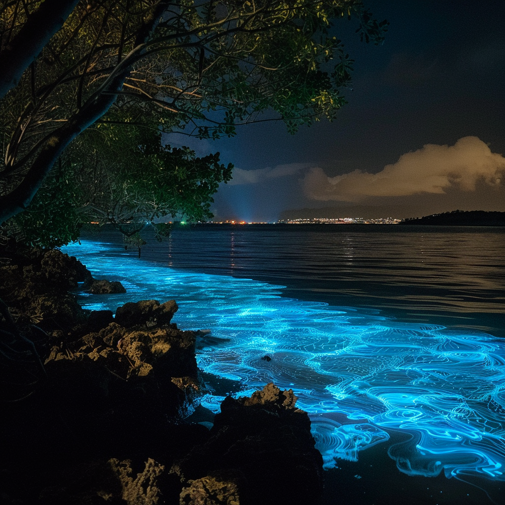 Bioluminescent blue waves glowing along a dark tropical shoreline at night with distant city lights